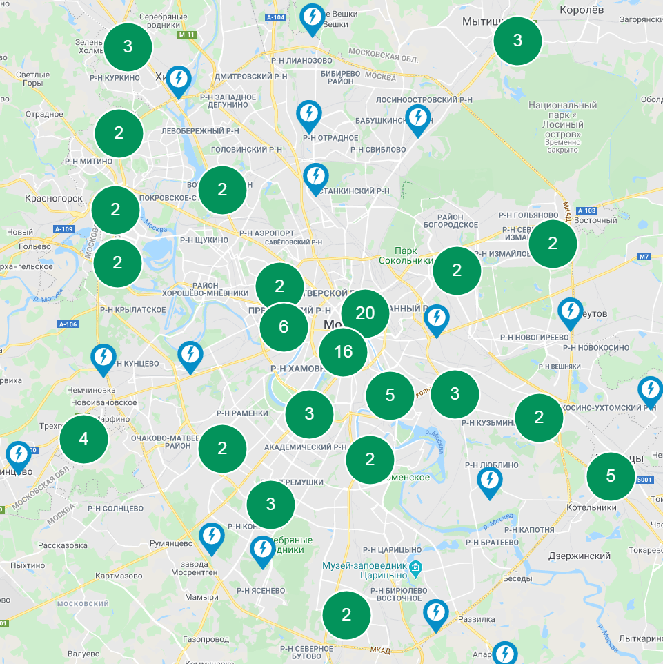Карта зарядных станций в москве
